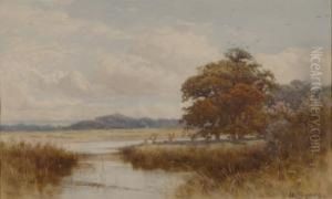 River Landscape With Three Fishermen On The Bank by Henry Sykes