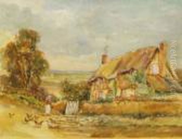 Lady With Poultry In A Country Lane Before A Cottage - view 1