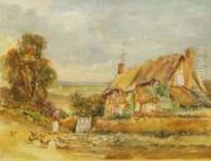 Lady With Poultry In A Country Lane Before A Cottage by John Sylvester