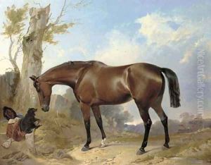 A bay hunter and dog in a landscape A bay hunter and dog in a landscape