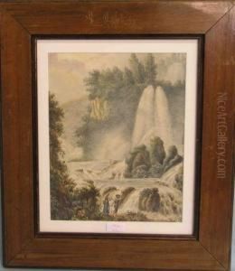 Anglerpaar Vor Gebirgsfluss Mit Wasserfall by Ivor I.J. Symes