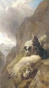 Sheepdogs with a stricken sheep in a mountainous Highland landscape by Richard Ansdell
