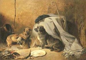 Three Dandie Dinmont Terriers by a cottage hearth by Richard Ansdell
