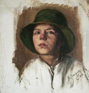 Portret Chlopca W Zielonym Kapeluszu by Boleslaw Szankowski
