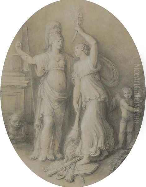 An allegory of Peace setting fire to a military trophy, with an allegory of Justice and a putto - view 1