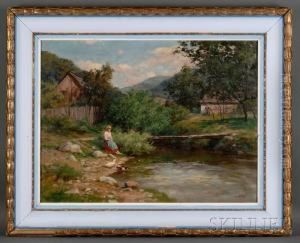 Girl And Ducks At The River's Edge by Tibor Szontagh