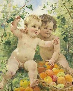Two children with a fruit basket