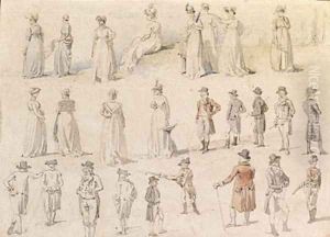 A sheet of figure studies for 'The dinner in Mote Park, Maidstone', Kent by William Alexander