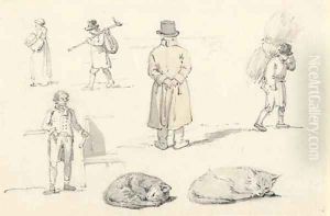 A sheet of figure and animals studies, including a man looking over a wall and cats sleeping by William Alexander