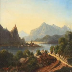 Swiss Mountainscape With Village And Sailing Boats On The River