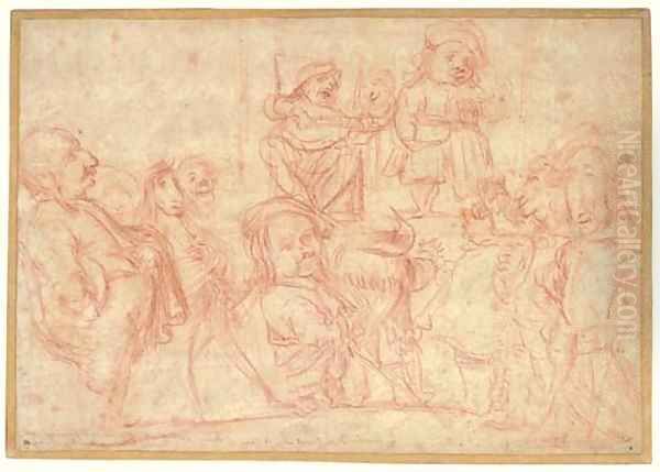 A company of artists watching a mountebank show, from left to right Giovanni Lanfranco, Sisto Badalocchio, Francesco Giovanni Gessi, Doctor Albertine - view 1