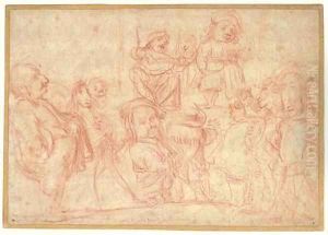 A company of artists watching a mountebank show, from left to right Giovanni Lanfranco, Sisto Badalocchio, Francesco Giovanni Gessi, Doctor Albertine by Francesco Albani