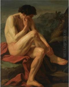 A Naked Man Sitting In A Landscape