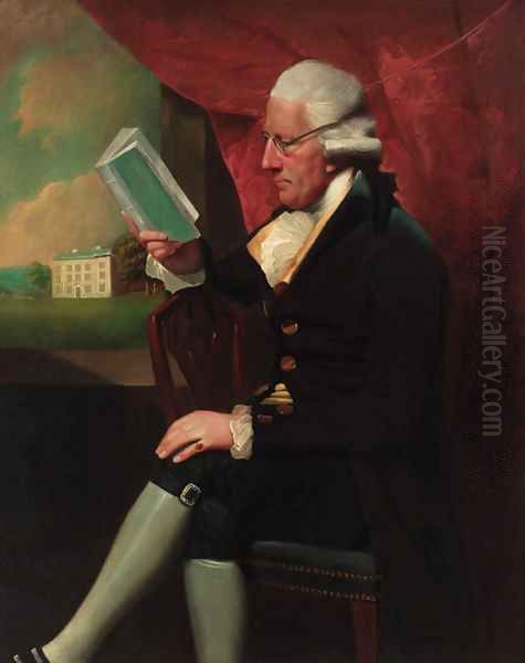 Portrait of Edward Cotsford, seated three-quarter-length, in a dark brown jacket and breeches, holding a book by a window - view 1