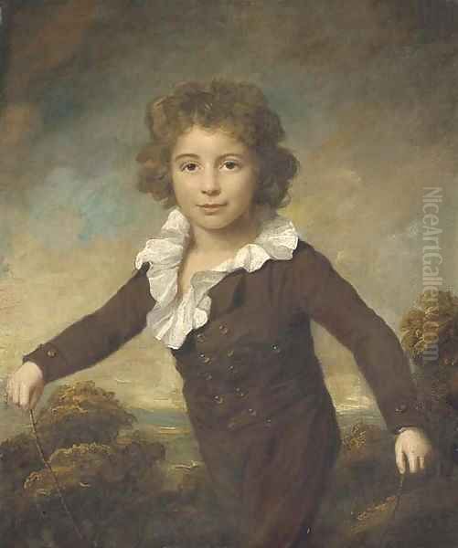 Portrait of a young boy, three-quarter length, in a brown coat and breeches, holding a skipping rope, in a wooded landscape - view 1