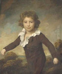 Portrait of a young boy, three-quarter length, in a brown coat and breeches, holding a skipping rope, in a wooded landscape