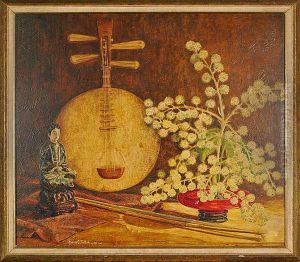 Still Life With Flowering Plant, Bamboo Shoots, Buddhist Sculpture And An Asian Stringed Instrument