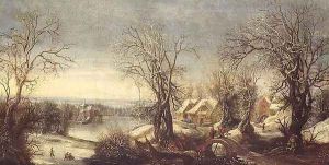 An extensive wooded landscape in winter with skaters on a frozen waterway, a pilgrim and shrine beyond by Denys Van Alsloot