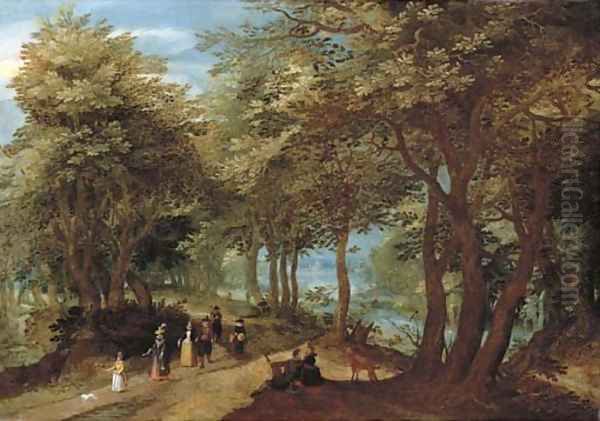 A wooded landscape with an amorous couple seated by a tree and elegant company strolling on a path near a river - view 1