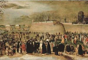 A winter carnival with figures on the ice before the Kipdorppoort Bastion in Antwerp by Denys Van Alsloot