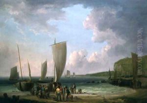 A coastal landscape with fishermen unloading