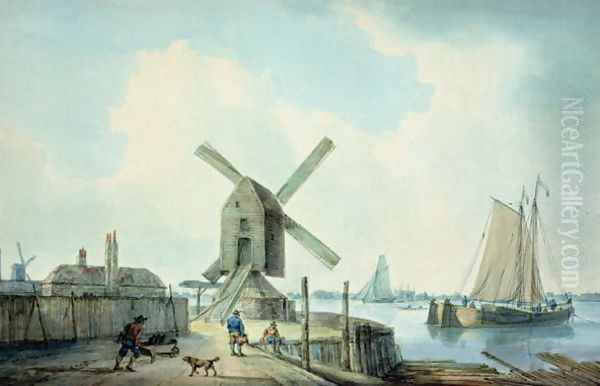 A Shore Scene with Windmills and Shipping - view 1