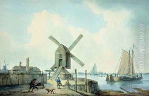 A Shore Scene with Windmills and Shipping