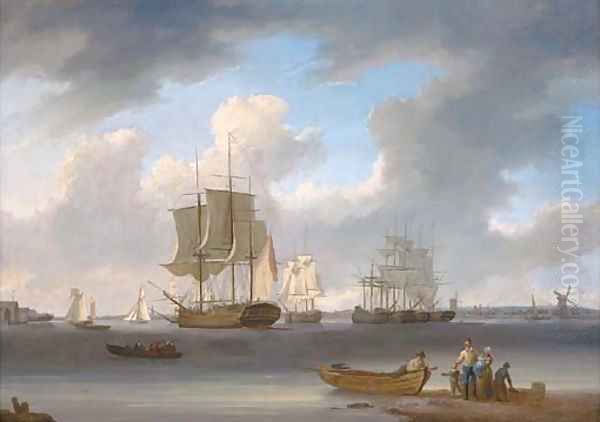 A three-master and other ships on the Thames at Millwall, with colliers moored in the middle of the river - view 1