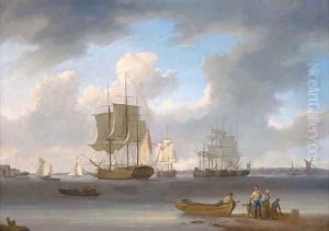 A three-master and other ships on the Thames at Millwall, with colliers moored in the middle of the river