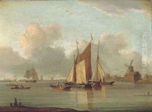 Barges in a calm on the estuary with a trading brig beyond