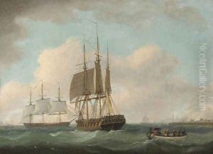 English frigates hove-to off a port, with officers being rowed ashore
