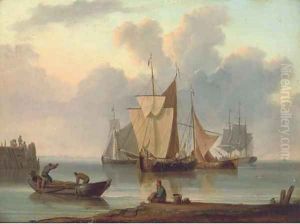 Shipping offshore with onlookers on the beach