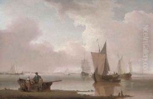 Small traders in a calm on an estuary, with fisherfolk in the foreground