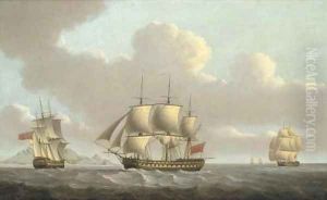 A 74 gun third rate in two positions off Table Bay, Cape of Good Hope, with Table Mountain in the distance