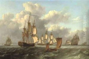 A squadron of frigates arriving at a rendezvous with a lugger passing them