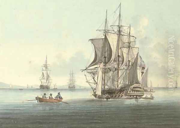 A two-decker lying at anchor, drying her sails as she takes on stores - view 1