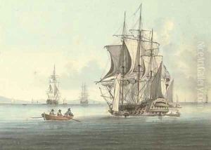 A two-decker lying at anchor, drying her sails as she takes on stores