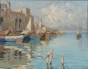 Moored Sailing Vessels In The Bay Of Naples With Vesuvius In Thedistance