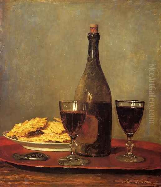 Still Life: Two Glass of Red Wine, a Bottle of Wine; a Corkscrew and a Plate of Biscuits on a Tray - view 1