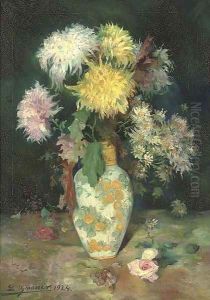 Chrysanthemums and daisies in a ceramic vase by Luis Graner Arrufi