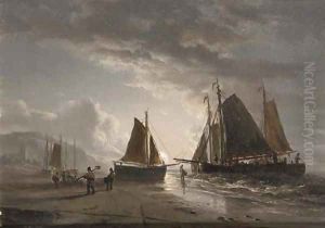 A moonlit beach with fishermen at work by Jacobus Theodorus Abels