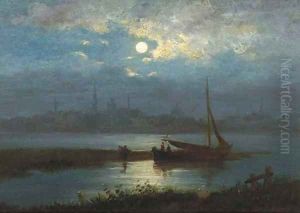 A moonlit riverlandscape with a town in the distance by Jacobus Theodorus Abels