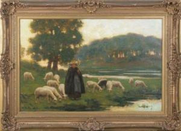 Bergere Et Son Troupeau Au Bord De La Riviere - view 1