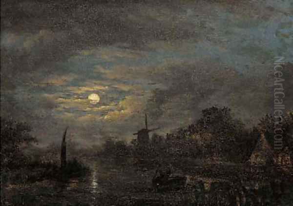 Boatmen on a moonlit waterway - view 1