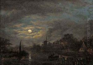 Boatmen on a moonlit waterway