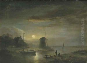 A moonlit river landscape by Jacobus Theodorus Abels