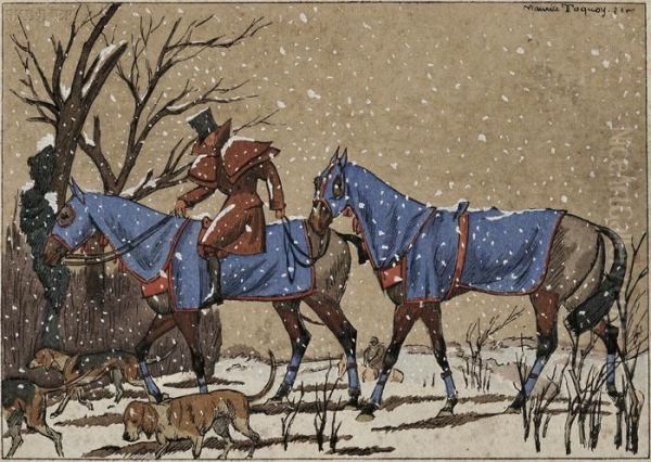 Horses And Hounds In Falling Snow - view 1