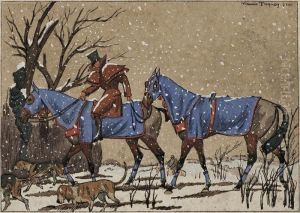 Horses And Hounds In Falling Snow by Maurice Taquoy