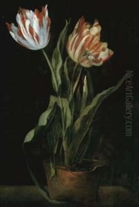 Still Life With Two Variegated Tulips In A Clay Pot by Guillaume-Thomas-Raphael Taraval