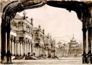 Lotto Di Sei Disegni Raffiguranti Scenografie Teatrali by Gaetano Tasca
